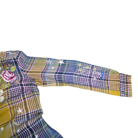 Johnny Was Workshop Plaid Embroidered Button Down Shirt Boho Floral Stars Sz S - Picture 11 of 13